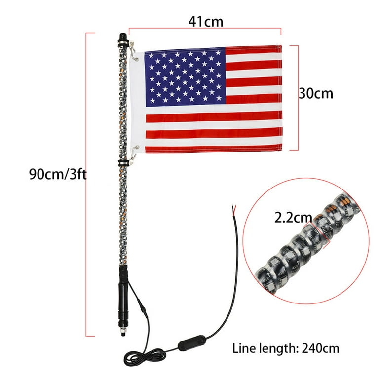 RGBW SAFETY FLAG WHIP 20 COLORS 30 MODES USA WORLDS BRIGHTEST 2' PAIR L.E.D